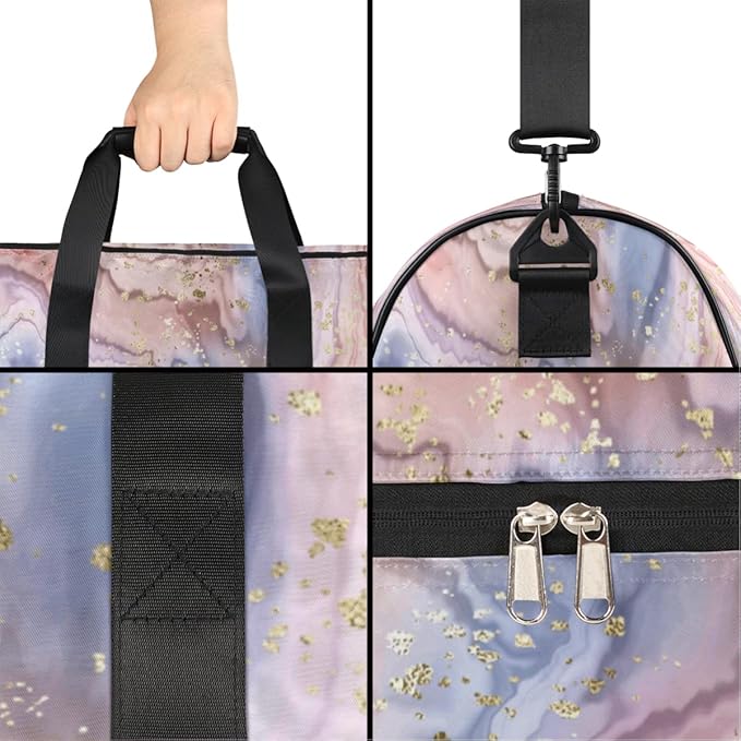 Gold Glitter Marle Dry Wet Depart Duffle Overnight Bag with Shoes Compartment & Wet Pockets, Water Resistant Weekender Travel Gym Pouch For Swim Gymnastics Ballet Sleepovers