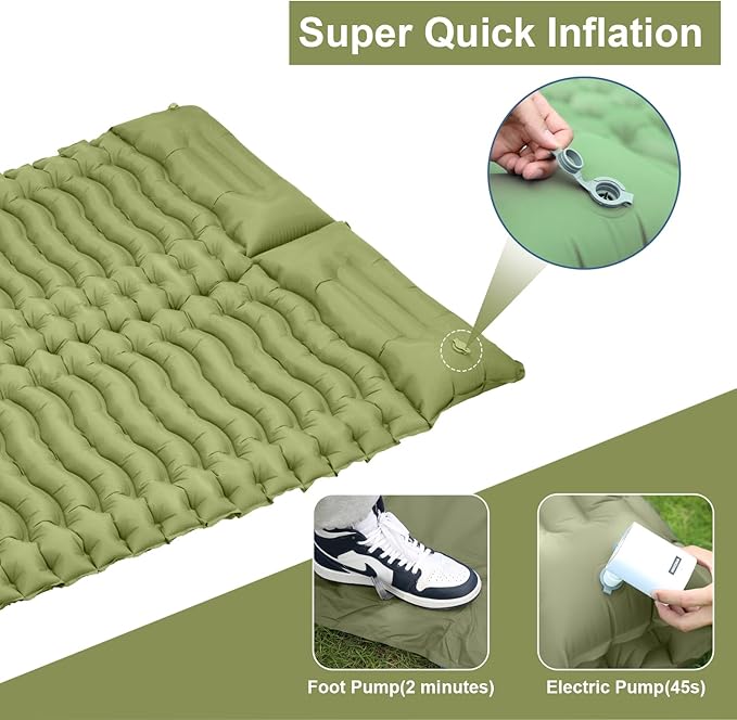 Camping Sleeping Pad with Mini Electric Pump Self Inflating Sleeping Pad 4'' Extra Thickness Full Size Double Sleeping Pad for Camping 2 Person,45s Fast Inflation, Camping Mattress Pad,Green