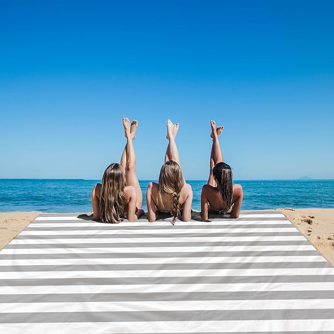 Large Beach Blanket Sandproof Waterproof, Grey Stripe Compact Beach Mat Sand Free, Portable Lightweight Picnic Mat w/Stakes & Corner Pockets for Outdoor, Travel, Camping, Hiking