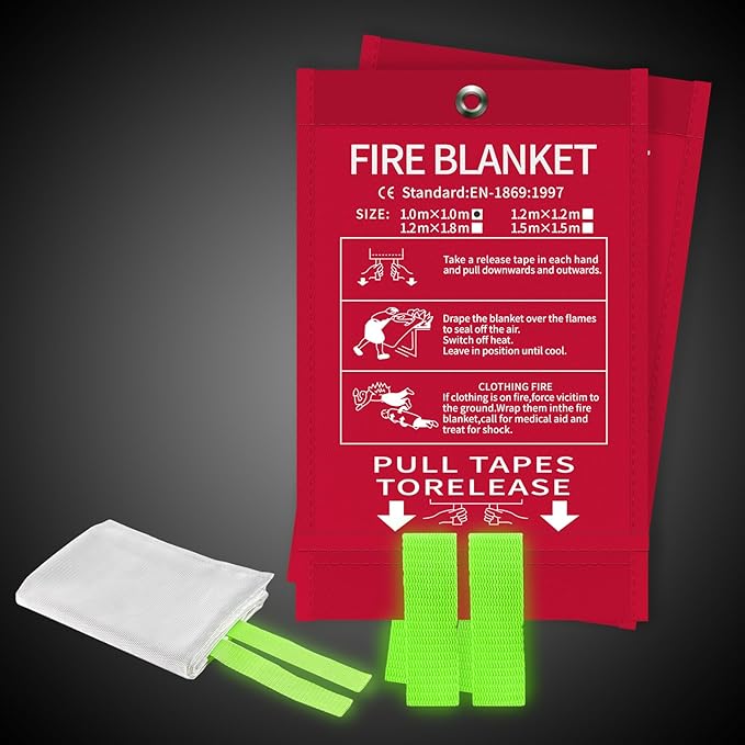 Emergency Fire Blanket for Home and Kitchen, Fire Extinguishers for Home, Fiberglass Fire Suppression Blanket with Luminous Strip for Fireplace, Car, Camping, Picnic, Grill (2, 40''x40'')