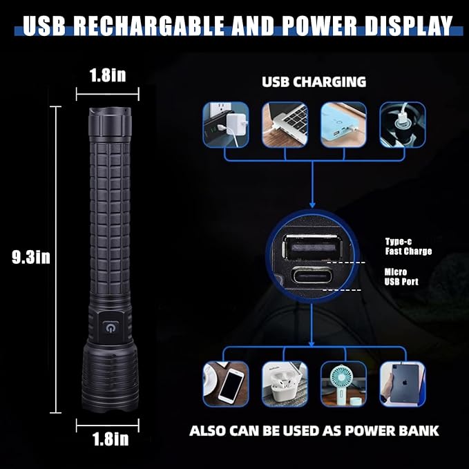 Rechargeable LED Flashlights 10000 High Lumens Flashlight Zoomable Tactical Flashlight 5 Modes Super Bright Waterproof Flashlights for Camping Hiking Emergencies 9.25 * 1.85in(Battery Free)