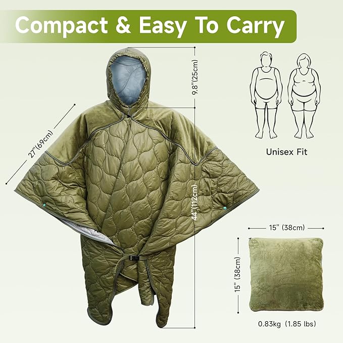 Sleeping Bag for Adult, Wearable Blanket Insulated Poncho Hooded, Sleepingbag Quilt for Winter Camping Hiking Sports