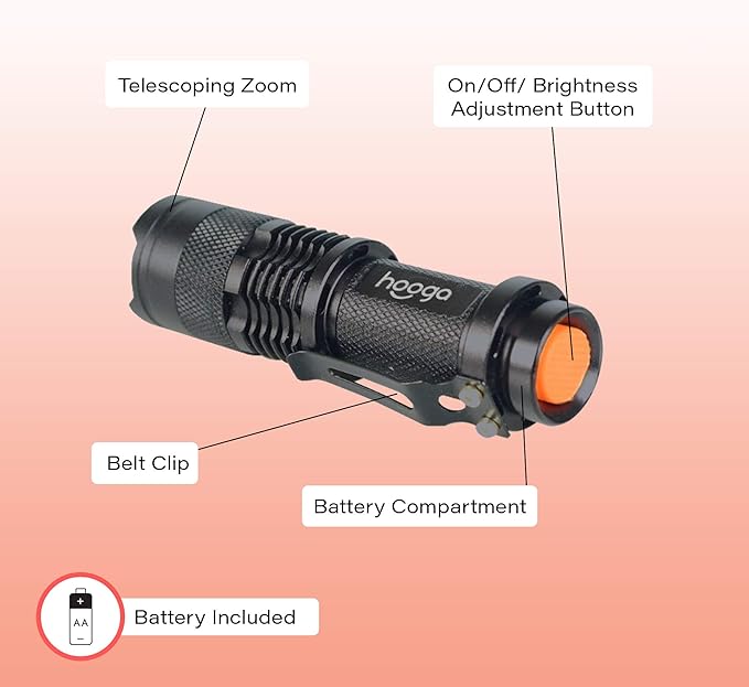 LED Flashlight, Blue Light Blocking, Amber Flashlight by Hooga. 1600K Warm Light for Eye Care, Sleep Aid. AA Battery Included. Adjustable Brightness. Great for Hunting, Camping, Aviation. 2-pack