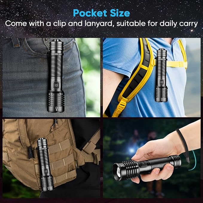 NAKCNM LED Flashlights High Lumens, Rechargeable Pocket Flashlight with Clip 5 Modes Super Bright 20000 Lumen, Waterproof Small Flashlights Powerful Flash Light for Home Outdoor Emergencies(2 Pack)