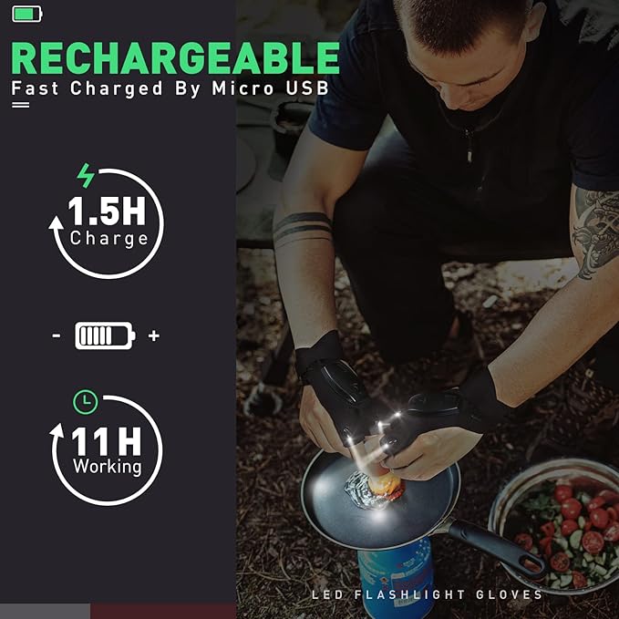 ThxToms LED Flashlight Gloves Rechargeable, for Dad Men, Christmas, Birthday Gifts for Dad Boyfriend Husband Men Him, Cool Gadgets Tools for Repairing Fishing Camping, Black