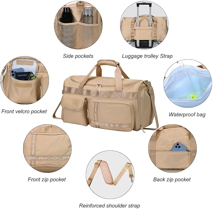 MAXTOP Gym Bag for Women Men Travel Duffle Bag Large Capacity Carry On Weekender Overnight Bag With Shoe Compartment Gym Tote Dry Wet Separation Duffel Bag for Travel