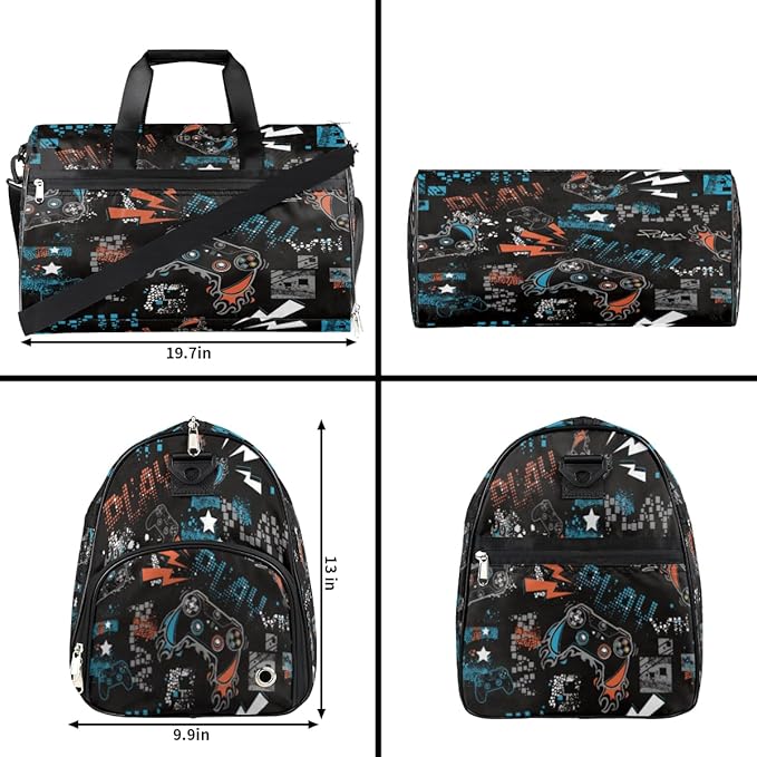 Joystick Game Dry Wet Depart Duffle Overnight Bag with Shoes Compartment & Wet Pockets, Doodle Water Resistant Weekender Travel Gym Pouch For Swim Gymnastics Ballet Sleepovers