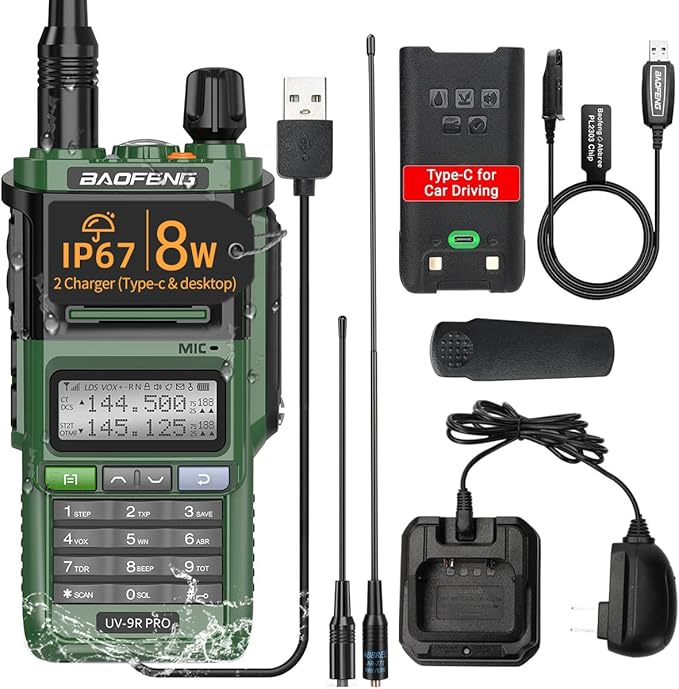 BAOFENG UV-9R Pro Ham Radio Handheld Two Way Radio Dual Band Waterproof Transceiver Long Range Rechargeable Walkie Talkie with Programming Cable and Type-C Charger