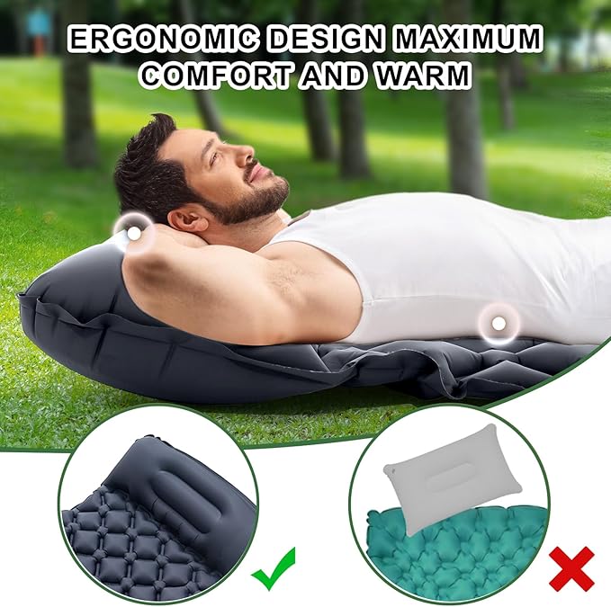 Sleeping Pad for Camping-Ultralight Inflatable Sleeping Pad,Built-in Pumb,Sleeping Mat with Pillow,Camping Mattress for Backpacking,Hiking,Airpad,Carry Bag,Compact&Lightweight Air Mattress