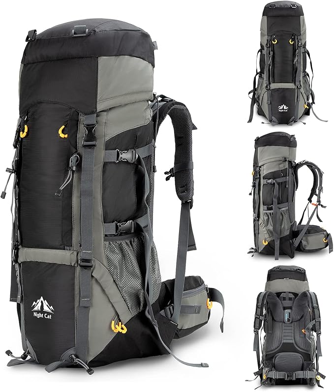 Night Cat Camping Backpacks 90L with Internal Frame Hiking Backpack for Men Women Waterproof Lightweight Breathable Outdoor Mountaineering Traveling