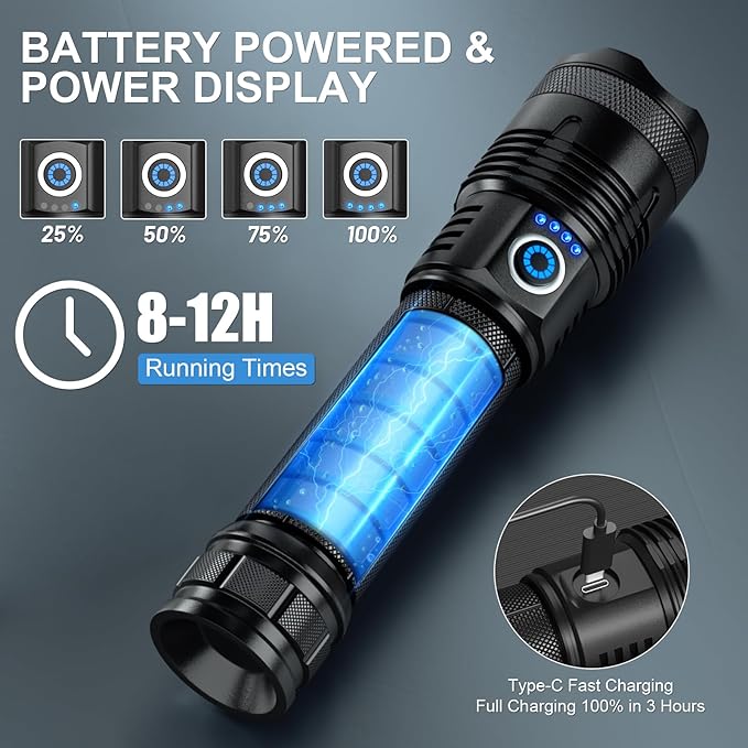 Rechargeable Flash Light Flashlights High Lumens, 990000 Lumens Super Bright LED Tactical Flashlight, 5 Modes IPX6 Waterproof, Powerful Handheld Flashlights for Camping Emergency Outdoor