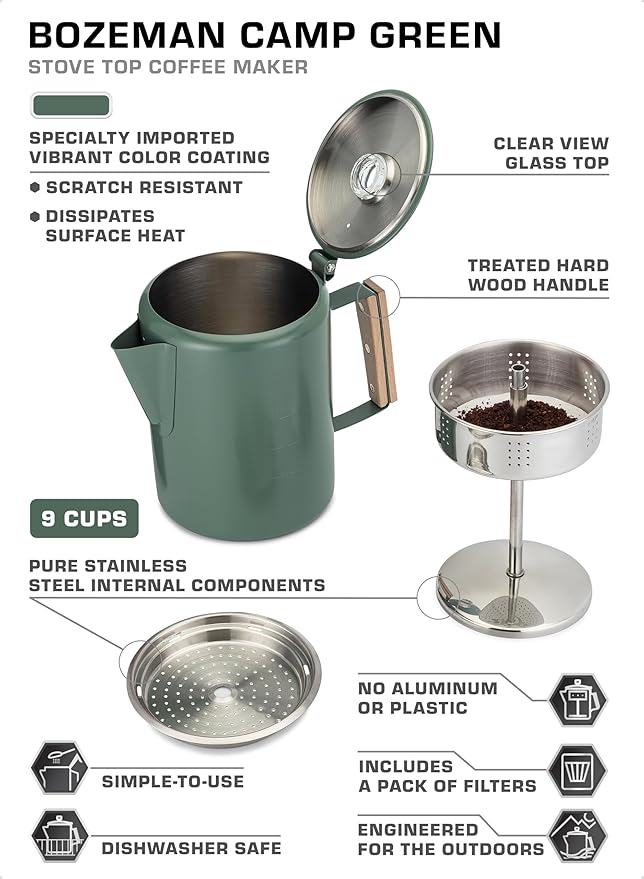 COLETTI Bozeman Camping Coffee Pot — Camping Coffee Makers, Coffee Percolator – America's Sleekest Percolator – NO Aluminum or Plastic (Camp Green)