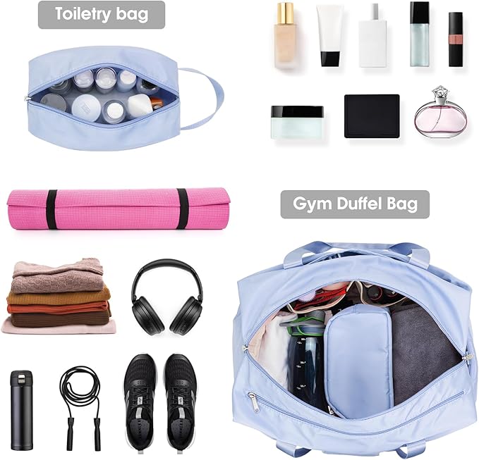 Ceneda 20" Gym Duffel Bag with Wet Pocket Shoes Compartment Portable Overnight Weekender Bag Travel bag Yoga Bag for Women (Light Blue)