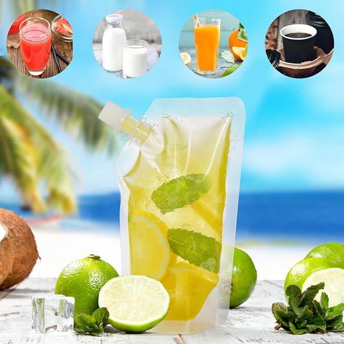 200 Pack Reusable Drink Pouches with 20 Pcs Funnel, 8 Oz Plastic Flasks, Leak-Proof Plastic Pouches for Drinks for Adults for Travel, Concerts