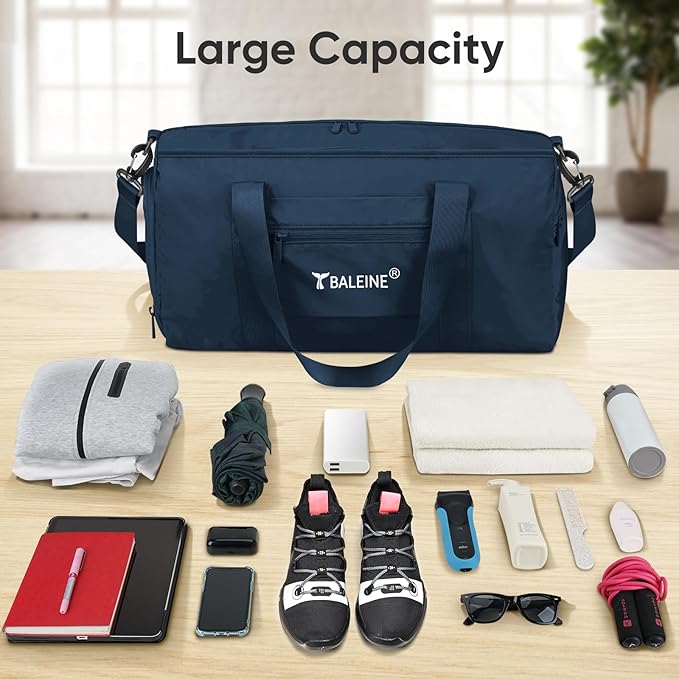 BALEINE Gym Bag for Women and Men, Small Duffel Bag for Sports, Gyms and Weekend Getaway, Waterproof Dufflebag with Shoe and Wet Clothes Compartments, Lightweight Carryon Gymbag (Blue)