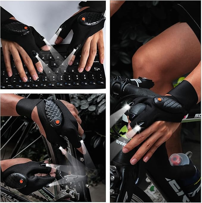 ThxToms Father's Day Gift,Rechargeable LED Flashlight Gloves,Gifts for Men,Christmas, Birthday Gifts for Dad Boyfriend Husband Men Him, Cool Gadgets Tools for Repairing Fishing Camping, 1 Pair,Black