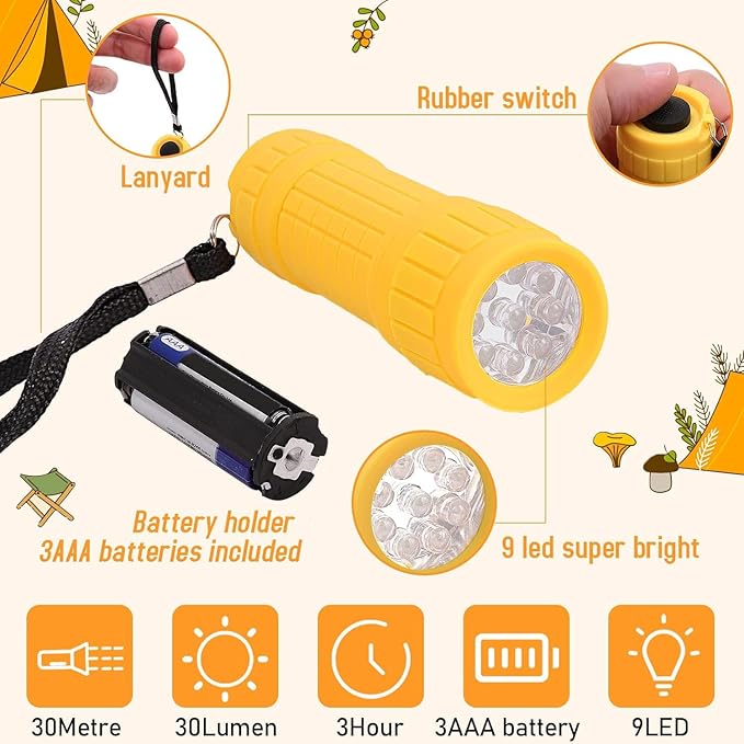 18Pack Mini Flashlights,9-LED Handheld Flashlight,Assorted Colors Mini LED Flashlight,Small Mini Flashlights with 54pcs AAA Batteries & Lanyard,Flashlight Bulk for Night Reading Camping Party Favors