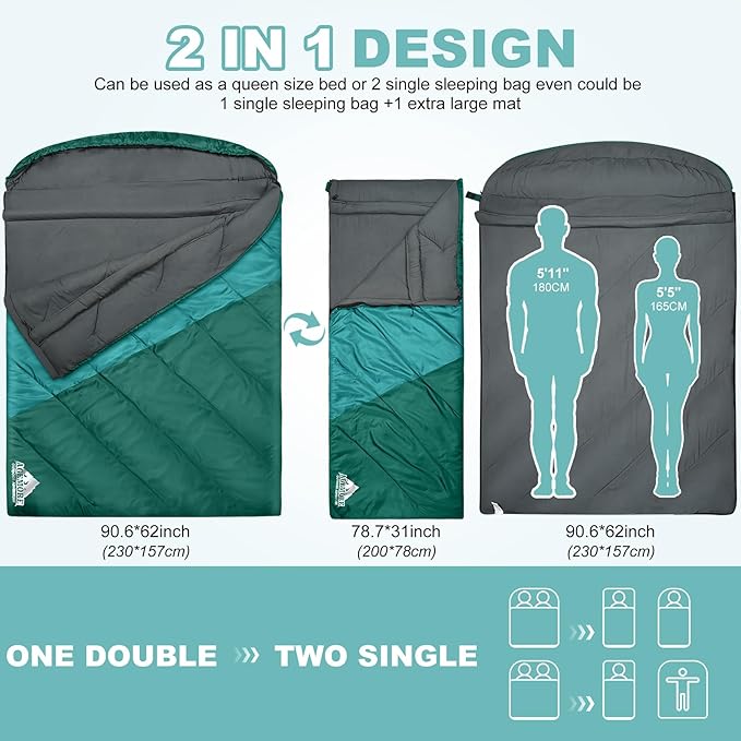 AGEMORE Sleeping Bag for Adults, Double and Single Size, Lightweight Portable Camping Sleeping Bag with Draft Tubes, Fit for Warm & Cold Weather Camping Hiking Backpacking Or Traveling