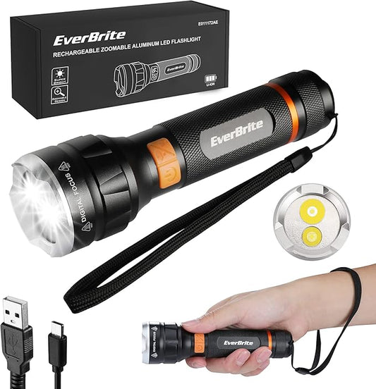 EverBrite LED Rechargeable Flashlight High Lumens, 1000 Lumens, Zoomable Aluminum Flashlight with Digital Focus, 4 Modes, Water Resistant, Adjustable Brightness for Camping, Running, Emergency