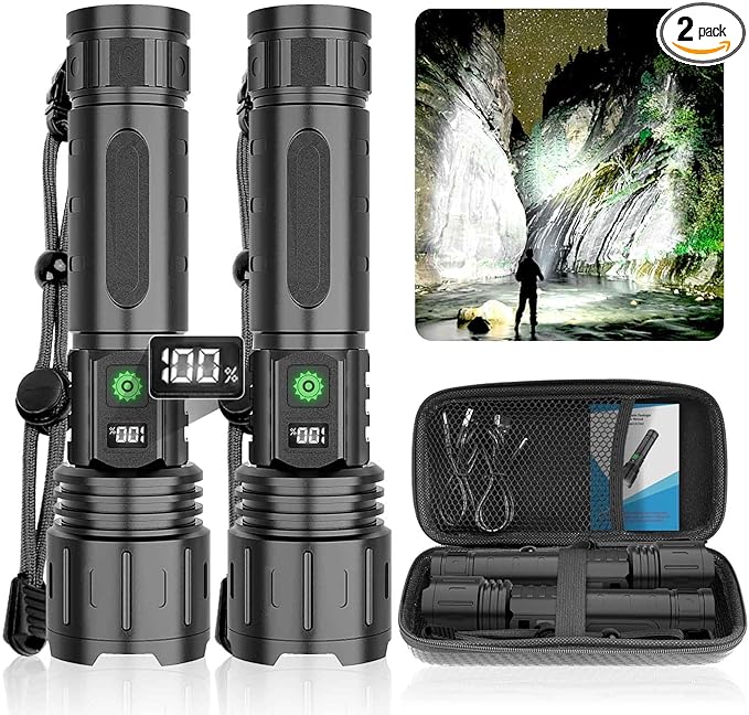 Rechargeable LED Flashlights High Lumens,20000 Lumens &1500 Meters Super Bright Rechargeable Tactical Flashlight with 5 Modes,Waterproof,Powerful Handheld Flash Light for Emergencies,Camping 2PACK