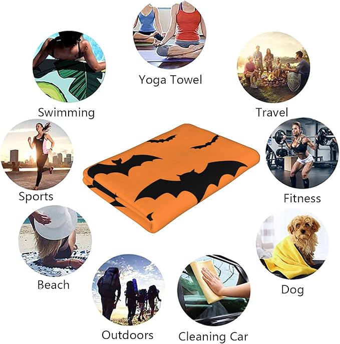 Halloween Bats Theme Beach Towel, Quick Dry Super Absorbent Bath Towels, Orange Oversized Microfiber Bathroom Towels for Shower, pool, Camping, Beach 30x60 in