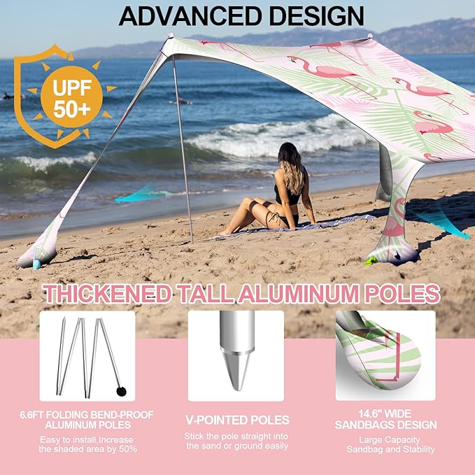 Buheco Beach Tent Pop Up Shade 7x7.5ft Beach Canopy Sun Shelter UPF50+ with 4 Foldable Poles-Portable Carrying Bag-Sand Shovel-Ground Pegs-Windproof Ropes for Outdoor Family Camping-Fishing- Picnic