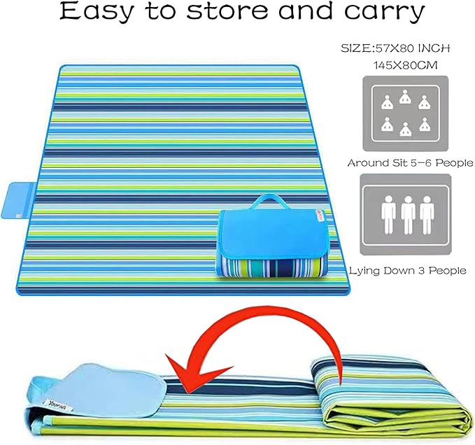 K Y KANGYUN Beach Blanket Outdoor Picnic Blanket Mat 80"x60" Extra Large Waterproof Sand Proof Camping Blanket Lightweight Folding Portable Travel Blanket for Family Park Beach Grass (Blue Line)