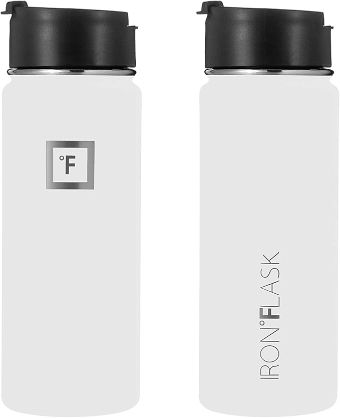 IRON °FLASK Camping & Hiking Hydration Flask, Wide Mouth, 3 Straw Lids, Stainless Steel Outdoor Water Bottle, Double Walled, Insulated Thermos, Metal Canteen - Winter White, 18 Oz