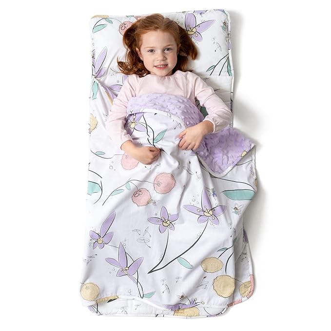 JumpOff Jo - Toddler Nap-Mat - Sleeping Bag for Kids with Removable Pillow and Ultra Soft Blanket for Preschool, Daycare, and Sleepovers - Fairy Blossoms