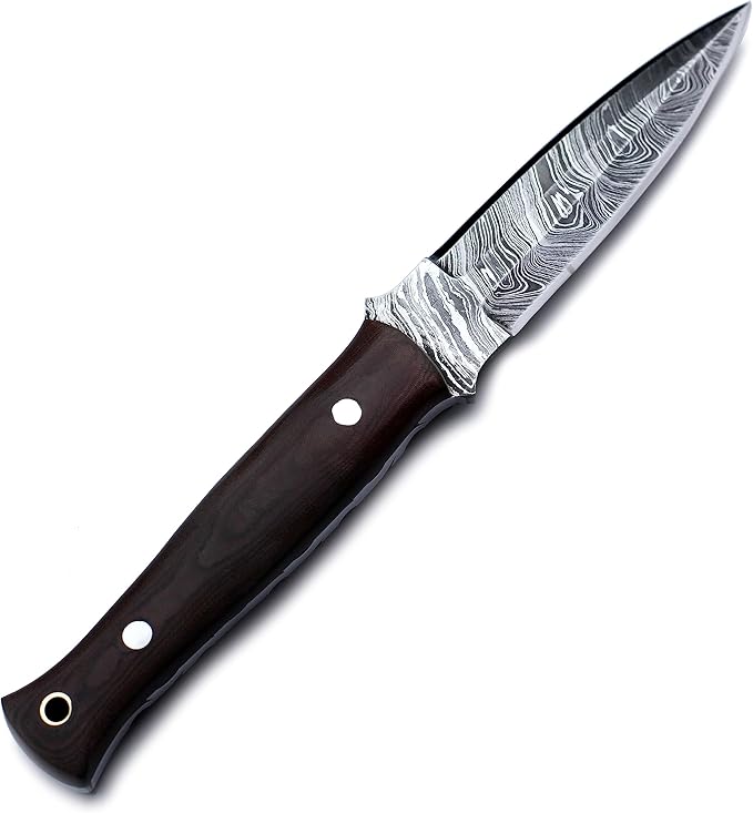 Handmade Damascus Steel Knife for Hunting,Survival,Camping,Bushing and Fishing, Fixed Blade Spear point Full Tang Micarta Handle with Cowhide-Leather Sheath -WKD-800