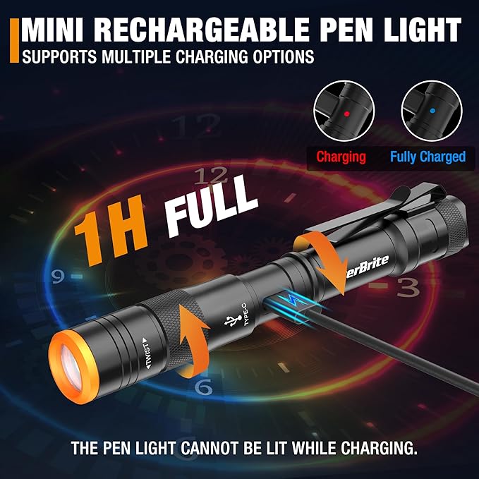 EverBrite Mini Pen Light, Rechargeable Pocket Pen Flashlight with USB C Cable, 4 Light Modes, 300 Lumens Small Flashlight with Clip for Inspection, Repair, Outdoors, Emergency, Black