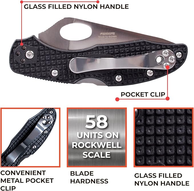 Firebird GANZO F759MS-BK Serrated Blade Pocket Folding Knife 440C Stainless Steel Serrated Blade Nylon Glass Fiber Anti-Slip Handle with Clip Fishing Camping EDC Knife (Black)