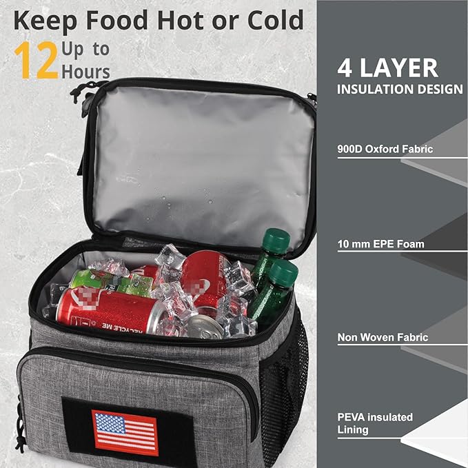 ATRIPACK 2 Compartment Lunch Bag for Men Adult, Tactical Lunch Box Leakproof Insulated Large Cooler Bag for Work with Adjustable Shoulder Strap Flag Double Layer Lunch Pail(Grey)