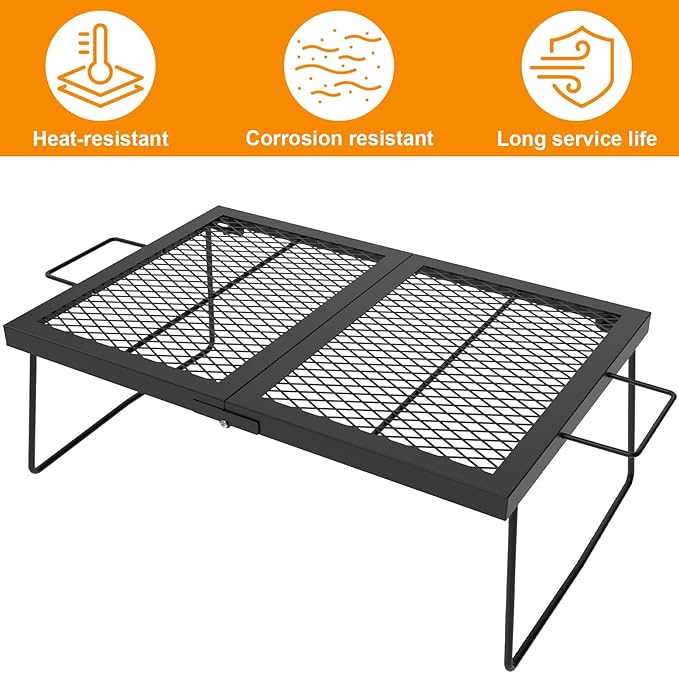 Folding campfire Grill Cooking Racks Campfire Grate Over Fire Pit, Fireplace Cooking Grate Fire grill Grate for Camping, Grill Grate Over the Fire Cooking Equipment Camping Accessories for Outside