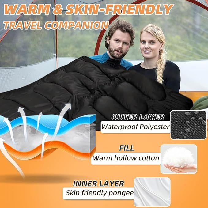 Double Sleeping Bags for Adults, 2 Person Camping Sleeping Bag for Cold Weather & Warm, Queen Size Sleeping Bag with 2 Pillow, Sleep Bag for Camping, Hiking, Backpacking