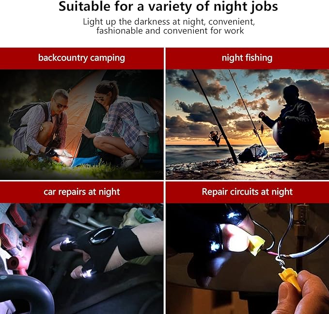 Flashlight Gloves, Fingerless LED Flashlight Gloves, Birthday Gifts for man, Hands Free Flashlights for Working in Darkness Places Fishing, Repair, Camping, Hiking, Running