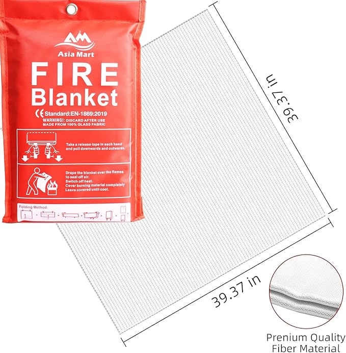 Fire Blanket (39" x 39") Fiberglass Emergency Fireproof Gear, Flame Retardant Protection for Home and Kitchen with Hook and Gloves.