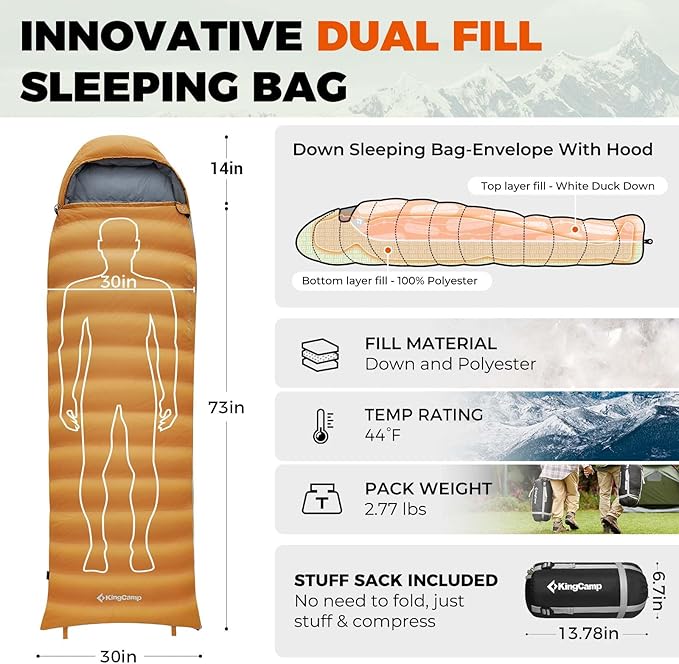 KingCamp Sleeping-Bags Down Sleeping Bag for Adults, Recycled 700 FP Cold Weather 3-4 Season Sleeping Bag