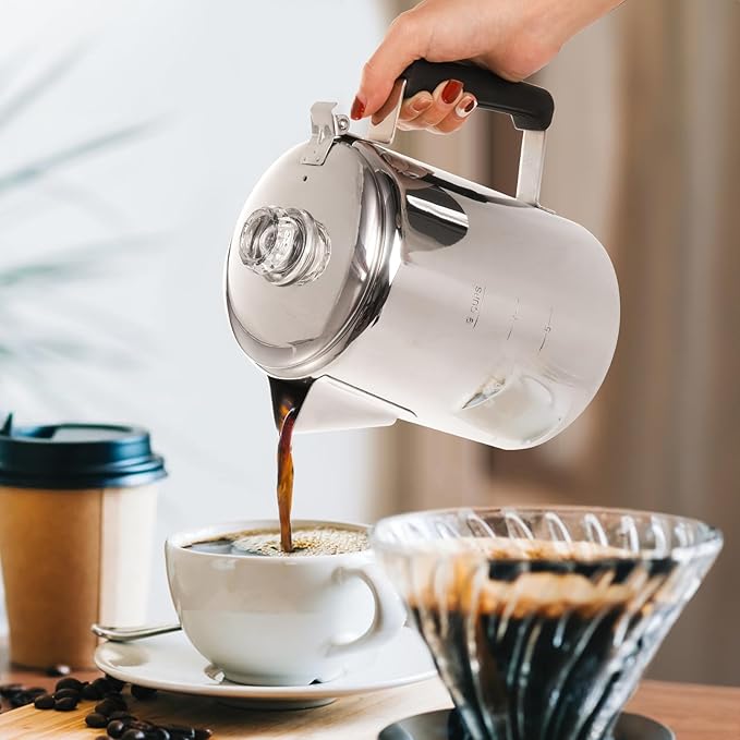 Camping Coffee Pot Stainless Steel, Coffee Pot Outdoors, Durable Stove Top Coffee Maker, Brew Coffee on Fire, Ideal for Group Camping, Hiking, Backpacking, RV and Travel, 9 Cups