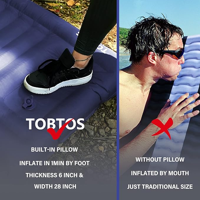 TOBTOS Self Inflating Camping Sleeping Pad with Pillow, Thick 6 Inch Ultralight Sleeping Pad with Built-in Pump, Lightweight Sleeping Mat for Camping, Backpacking, Hiking, Tent (Blue)…