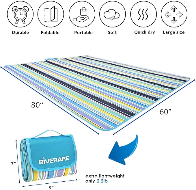 GIVERARE Picnic Beach Blanket, XL Sandfree Waterproof Outdoor Camping Blanket, Quick Drying Oxford Family Mat, Portable Extra Large Picnic Mat for Travel, Hiking, Music Festival, Lawn