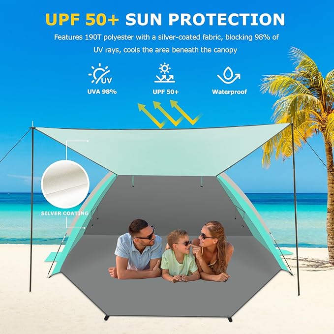 Gorich Beach Tent with Canopy - Easy Setup 3-6 Person Portable Sun Shelter, UPF 50+ UV Protection Sun Shade, Lightweight & Compact Beach Cabana for Family Travel