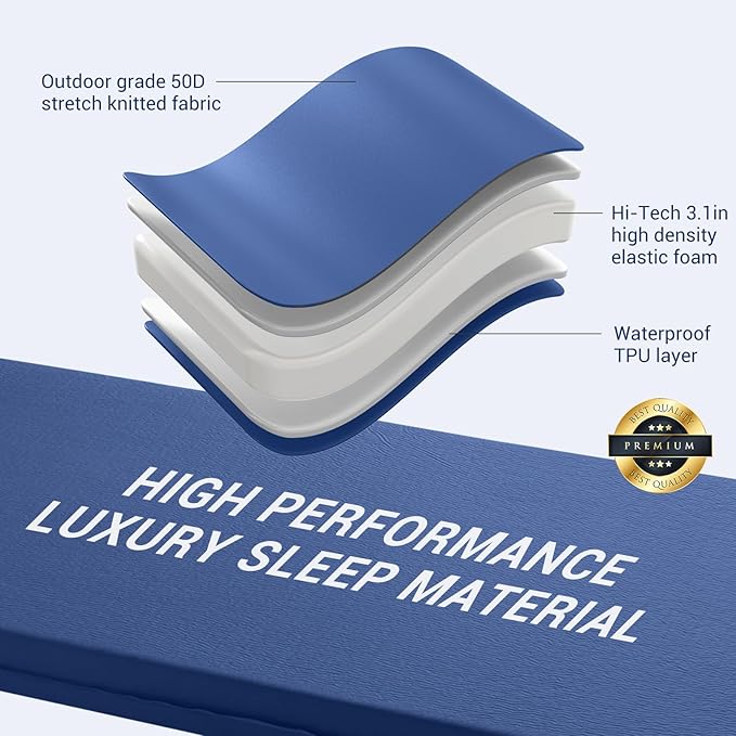 Elegear Self Inflating Sleeping Pad, 3.1" Ultra-Thick Memory Foam Camping Pad with Pillow Fast Inflating in 20s Insulated Camping Mattress Pad 4-Season Camp Sleeping Mat for Camping/Travel/Car/Tent