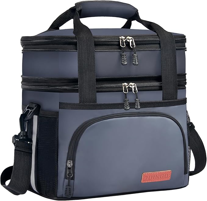 Lunch Box for Men/Women,Large Double-Layer Insulated Expandable Reusable Leakproof Cooler Bags for Adults,Lunch Bag with Adjustable Shoulder Strap for Office Travel Picnic(Dark Gray)