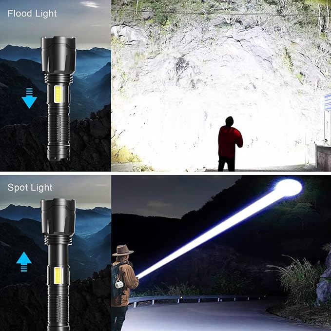Flashlights High Lumens Rechargeable,300000 Lumens Super Bright Flashlights, 7 Modes with COB Work Light, Zoomable, IP67 Waterproof Flash Light with Cases for Emergency Camping
