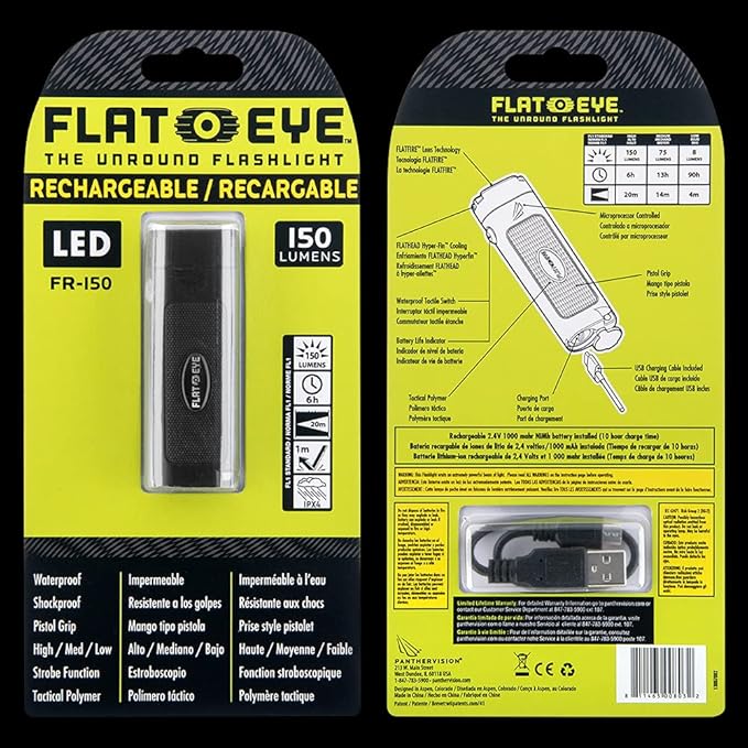 Panther Vision FLATEYE LED Rechargeable FR-150 High Performance UNROUND Flashlight Multi Position Waterproof & Shockproof - 150 Lumens (FR-8032), Black