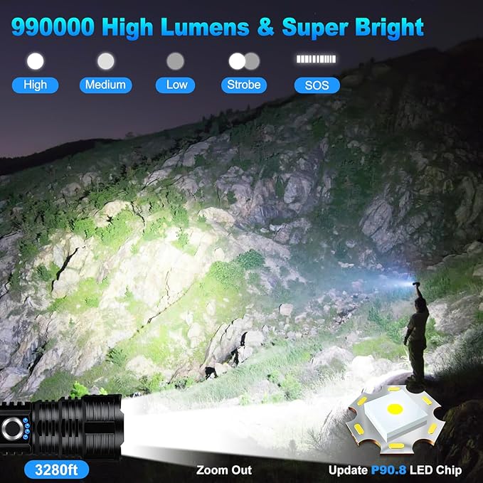 Flashlights High Lumens Rechargeable, 990000 Lumens Super Bright LED Powerful Flashlight, 5 Modes Flash Light, IPX6 Waterproof High Powered Flashlights for Home Camping