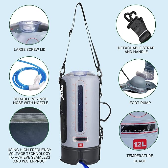 YETO 12L/3.17 Gallons Portable Camping Shower Portable Shower for Camping Camp Shower Solar Shower Outside Shower with Pressure Foot Pump and Handy Nozzle Camping Showers Camping Shower Bag, GREY-12L