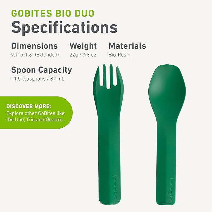 GoBites Duo and Bio Duo Travel Silverware, Full Size Portable Fork & Spoon, Reusable Utensil Set, PC and BPA-free, Food-Safe Nylon or Plant-Based Resin, Extended - 9.1” X 1.6”