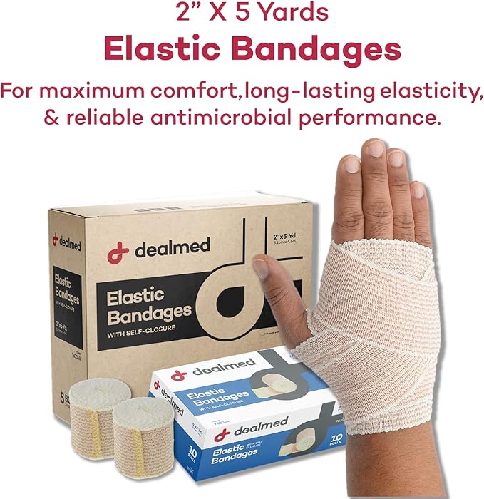 Dealmed 2" Elastic Bandage Wrap with Self-Closure – 50 Elastic Bandages, 5 Yards Stretched Compression Bandage Wrap, Wound Care Product for First Aid Kit and Medical Facilities
